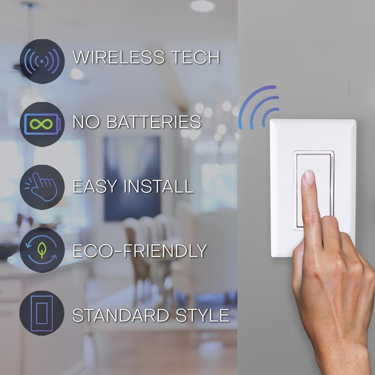 Self-Powered Kinetic Remote Light Switch with Easy Surface Mount Installation