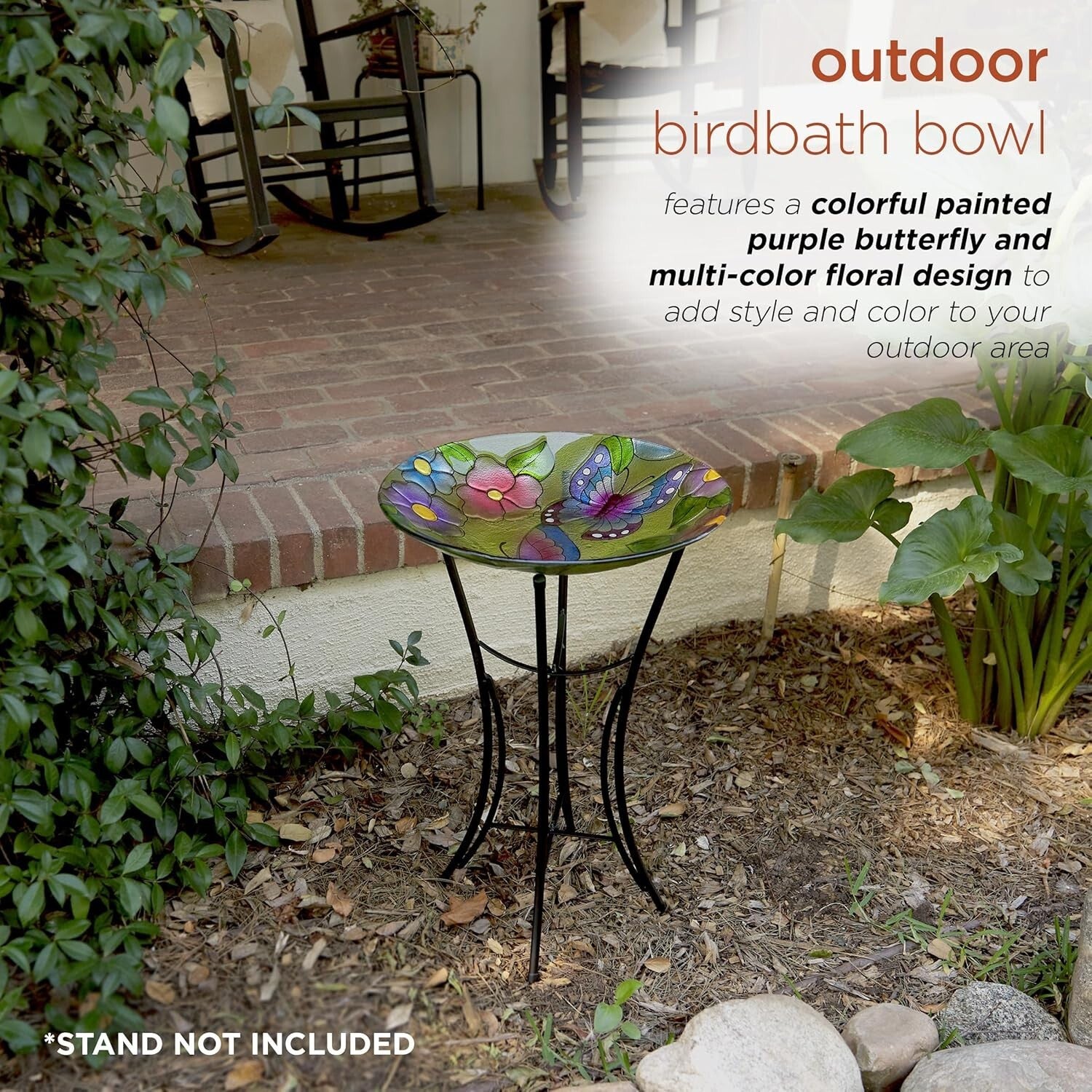 Decorative 18" Glass Birdbath Bowl with Butterfly & Floral Design for Outdoors