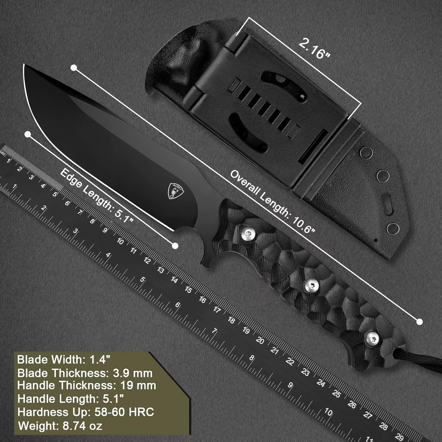 Durable Outdoor Survival Knife - 10.6" D2 Fixed Blade & Non-Slip G10 Handle