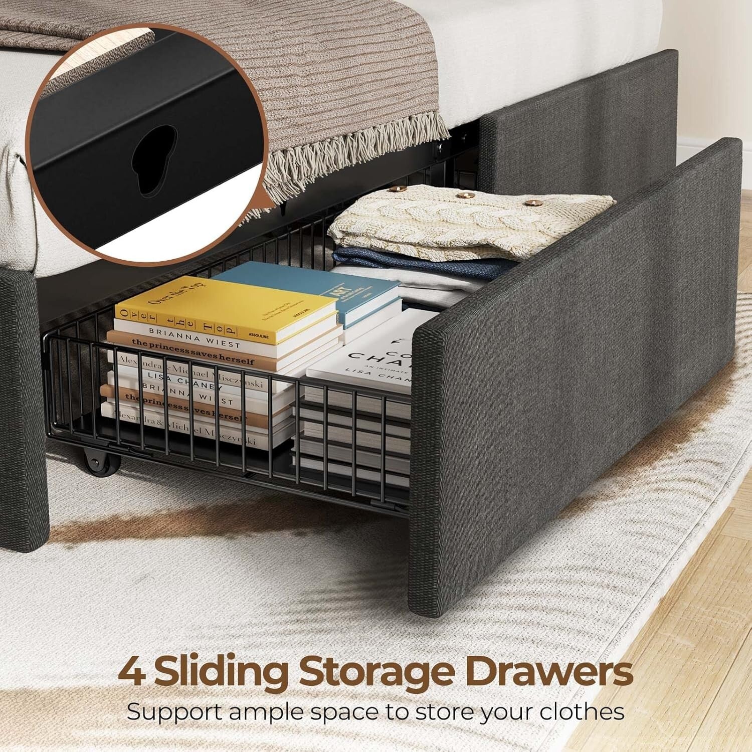 Full Size Bed Frame with USB Charging & LED Lights - 4 Storage Drawers Included