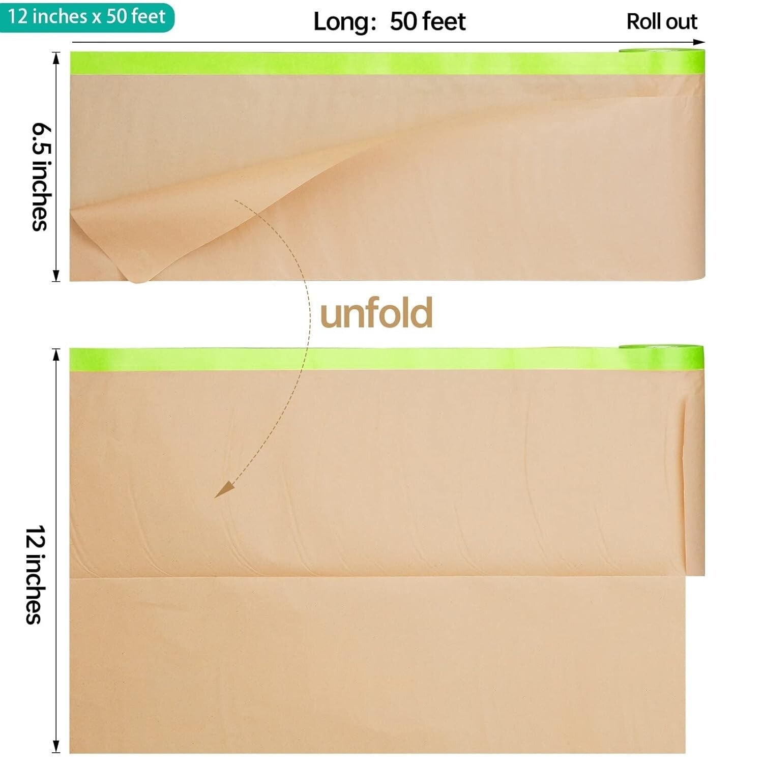 Easy Application Pre-Taped Masking Paper 12 Rolls - Tear-Resistant & Waterproof