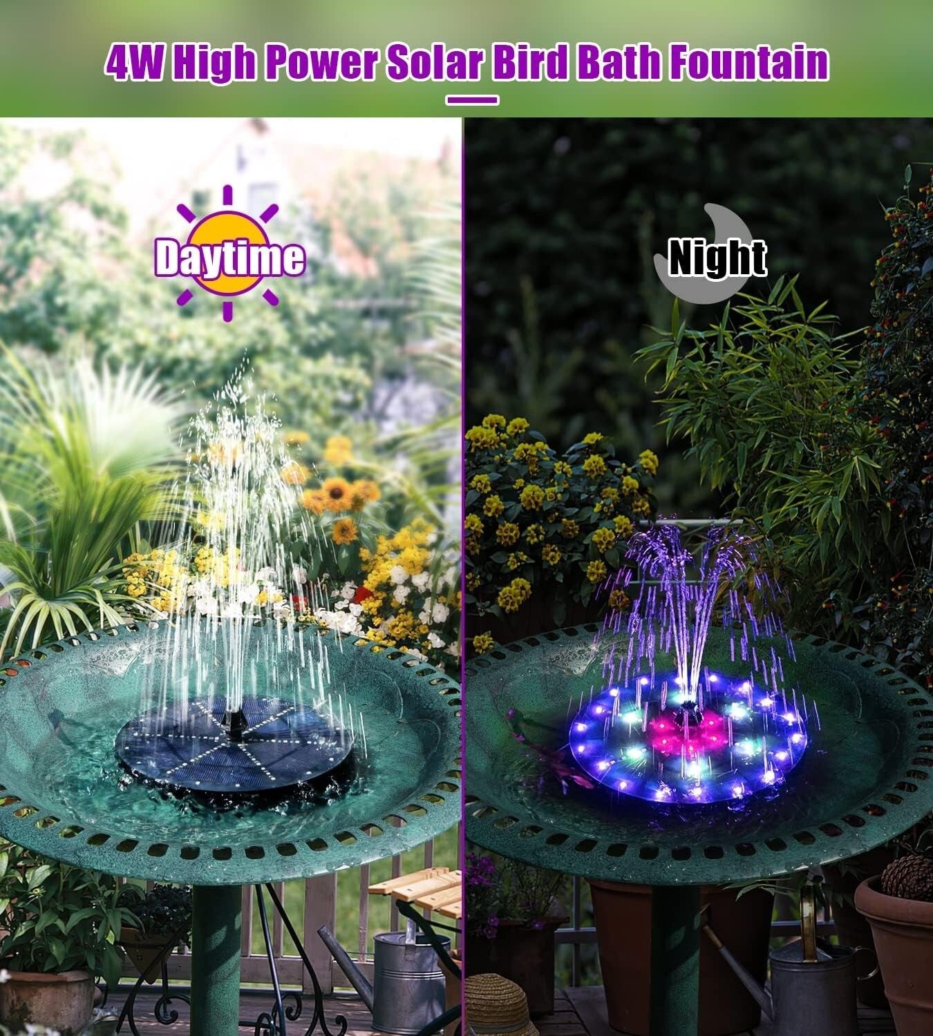 Solar-Powered Fountain with 60 Colorful LEDs, 7 Water Styles & Anti-Drift Fixers