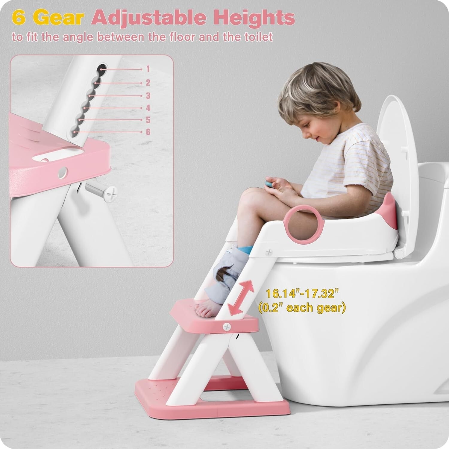2 in 1 Pink Potty Training Seat with Adjustable Height & Anti-Slip Step Stool