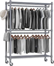 Load image into Gallery viewer, 3-Tier Adjustable Garment Rack with Rolling Wheels &amp; Side Hooks - Gray Finish