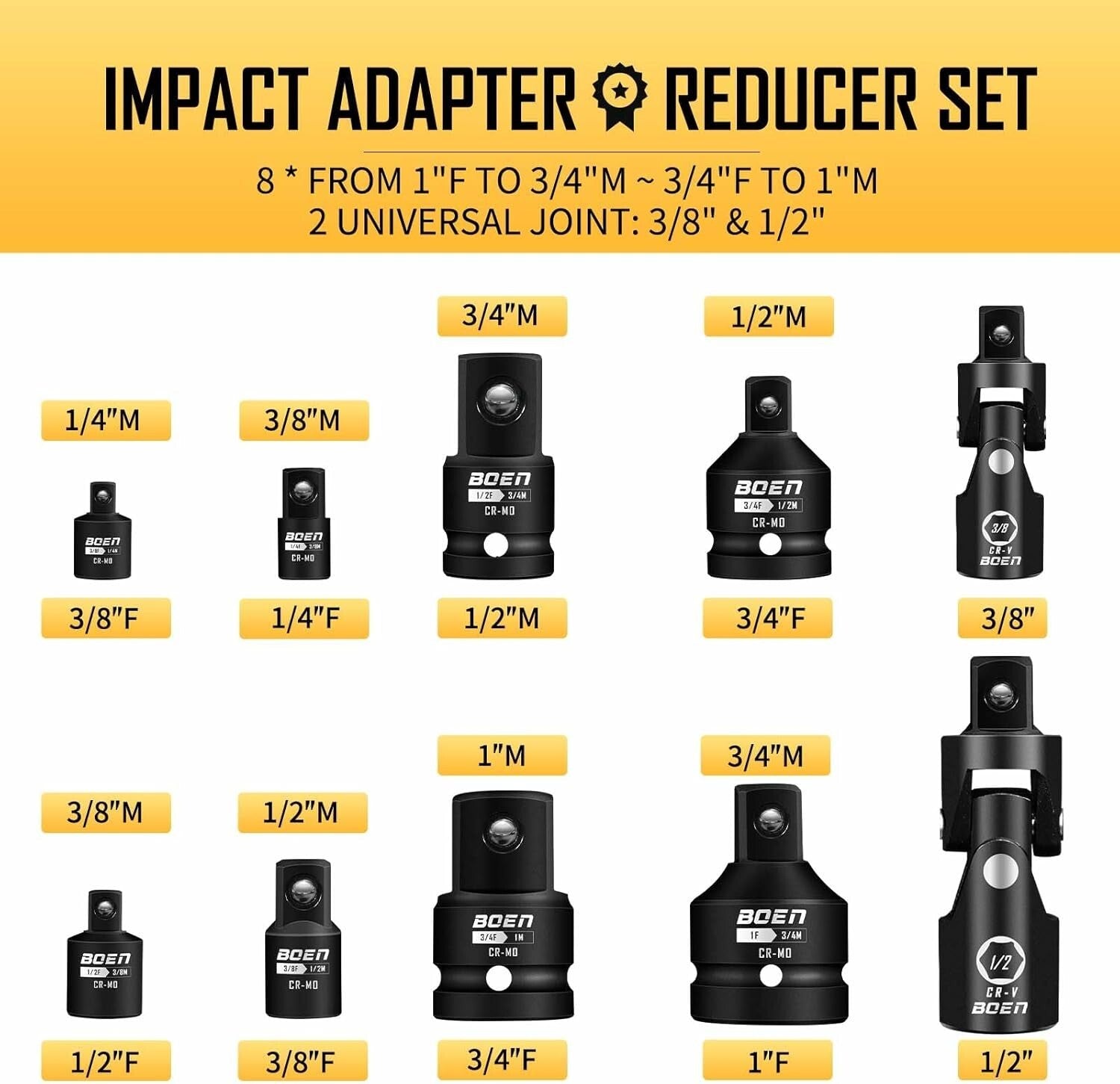 10-Piece Impact Socket Adapter Set in Chrome Moly Steel - Ultimate Versatility