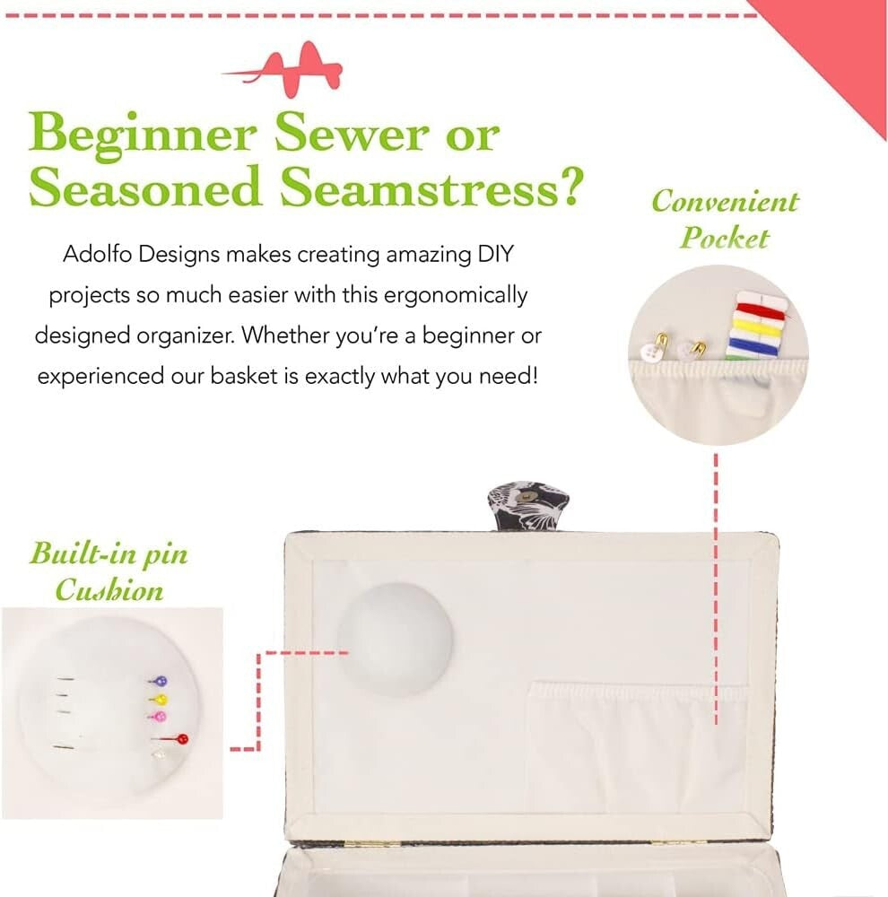 Elegant Floral Print Sewing Basket with Removable Tray and Built-in Pin Cushion