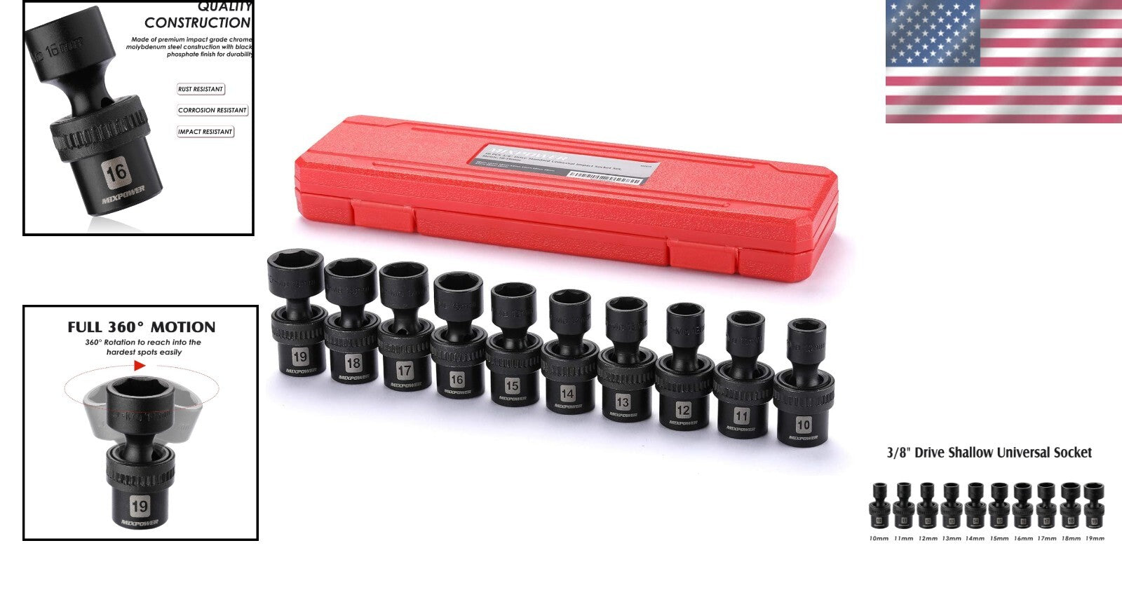 10-Piece 3/8'' Drive Swivel Universal Impact Socket Set - Metric Sizes 10-19mm