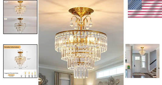 Chic Crystal Gold Semi Flush Mount Chandelier - Ideal for Living & Dining Rooms