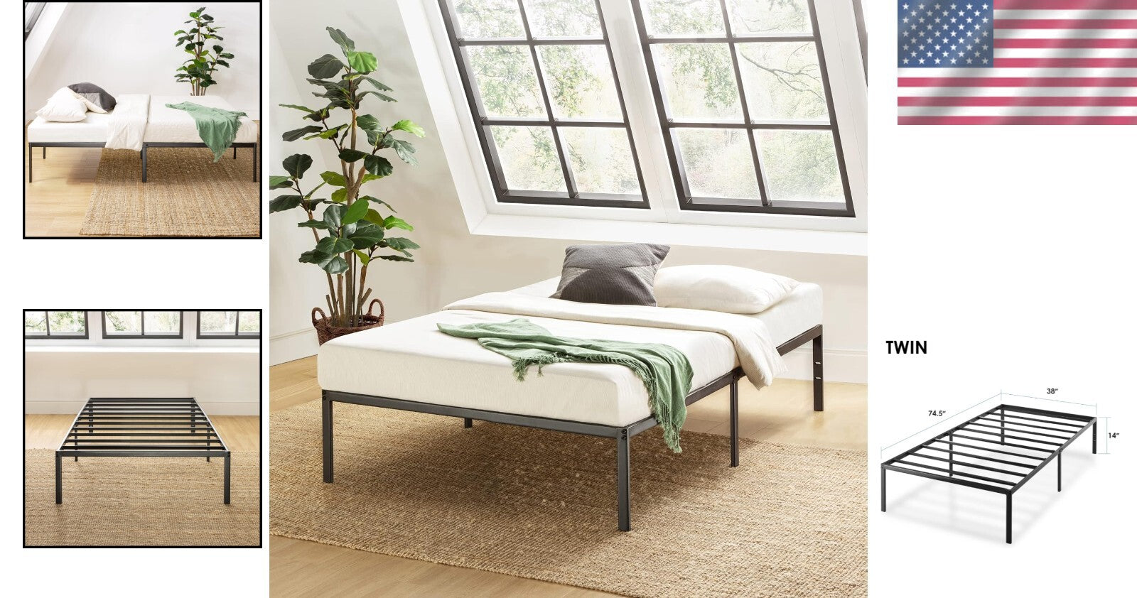 Sturdy Twin Bed Frame with Heavy Duty Steel Support and 12" Under Bed Storage