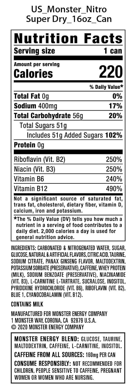 Supercharged Citrus Flavor Energy Drink - Monster Nitro Super Dry 16oz (15 Pack)