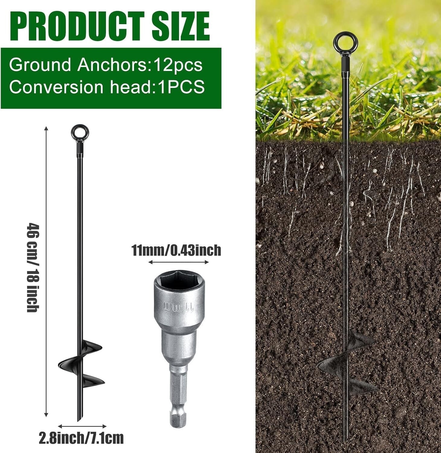 12 Heavy-Duty Black Ground Anchors - 18 Inch Earth Anchors for Outdoor Security