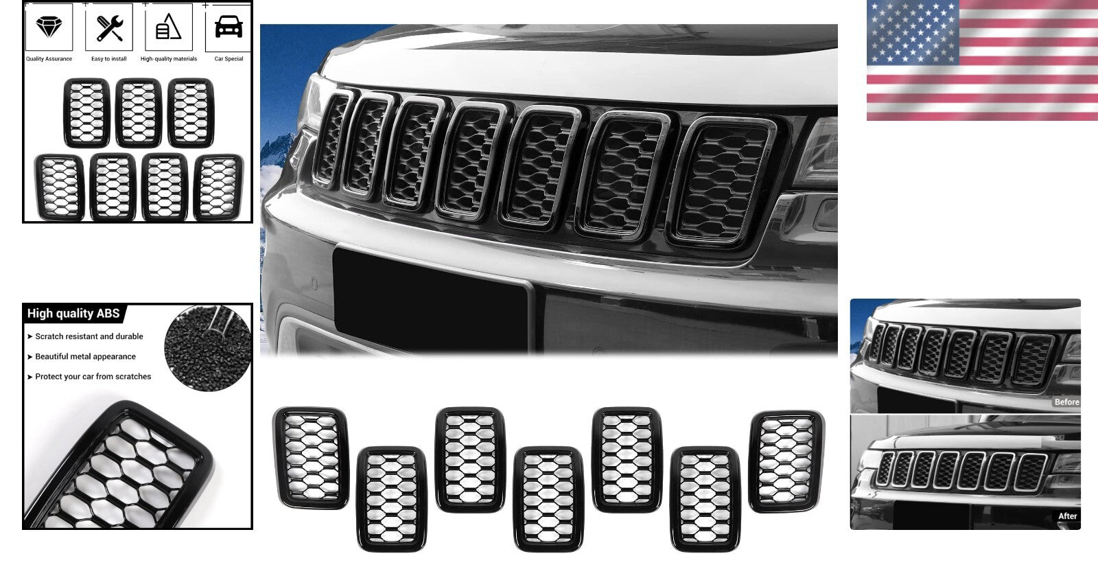 Front Grill Cover Trim Kit - 7Pcs ABS Inserts for 2017-2020 Jeep Grand Cherokee