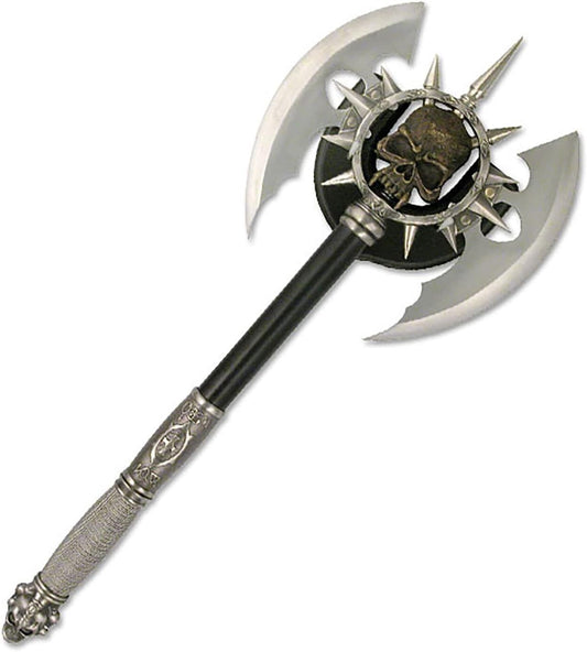 Full-Size Medieval Fantasy Axe with Dual Blades & Skull Plaque Display - SW-701