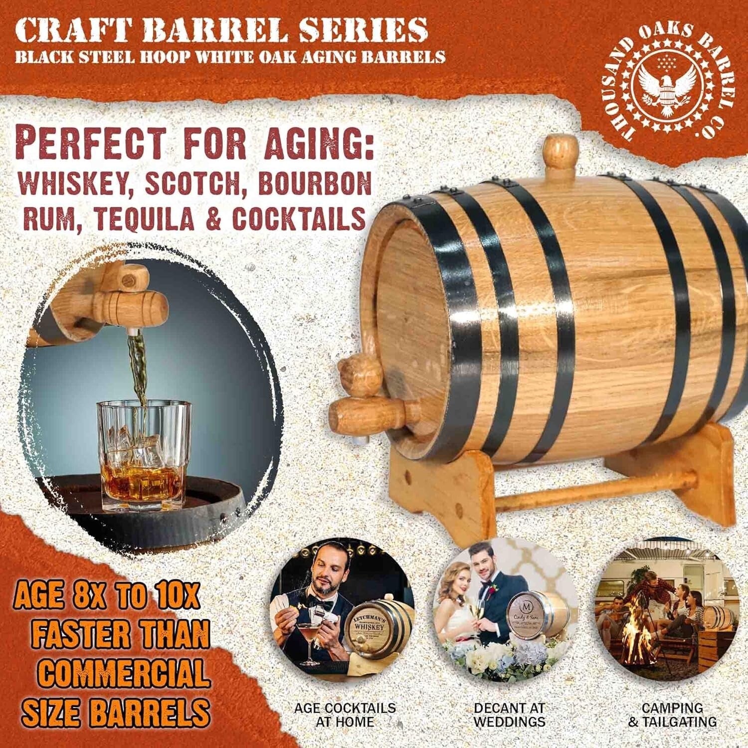 Handcrafted 2 Liter Oak Barrel & Stand for Quick Aging Cocktails & Spirits