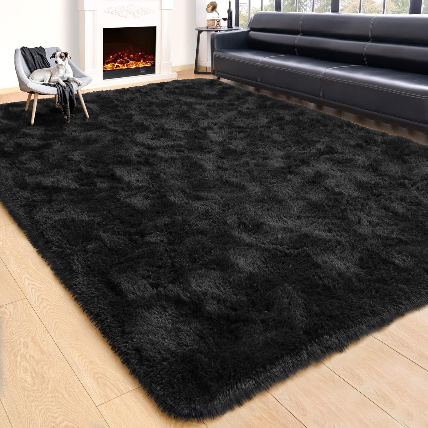 Fluffy Black 6x9 Area Rug - Soft Shaggy Carpet for Modern Living Rooms