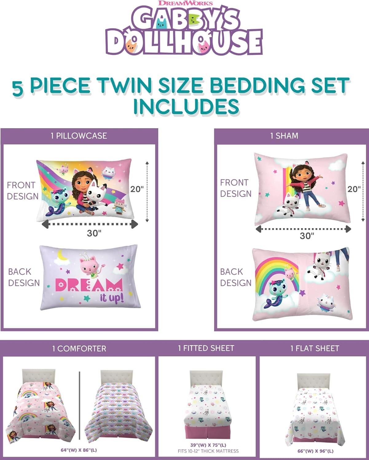 Reversible Gabby's Dollhouse Comforter Set - 5 Piece Kids Bedding in Twin Size