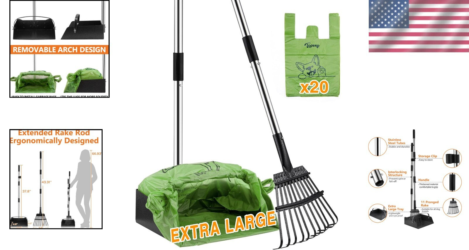 Unbreakable Dog Pooper Scooper - Extra Large Stainless Steel Tray & 43.31" Rake