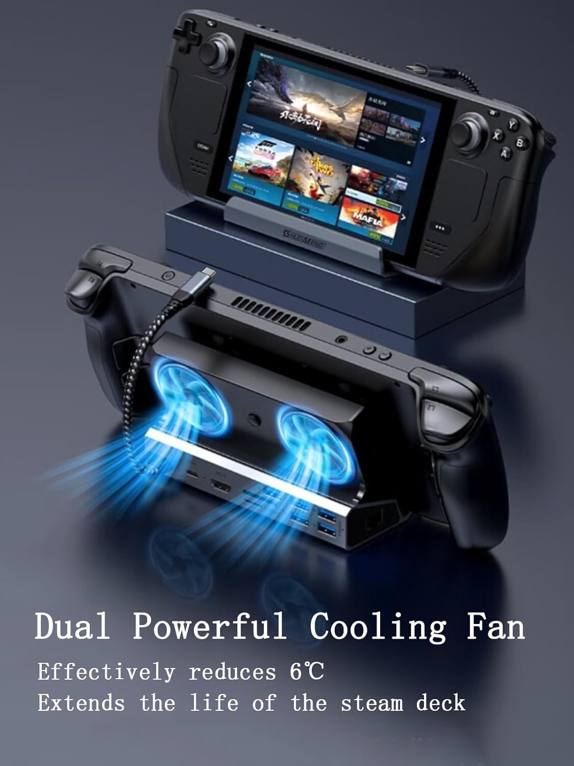 Stylish Silver 10-in-1 Docking Station with Dual Cooling for Steam Deck & More
