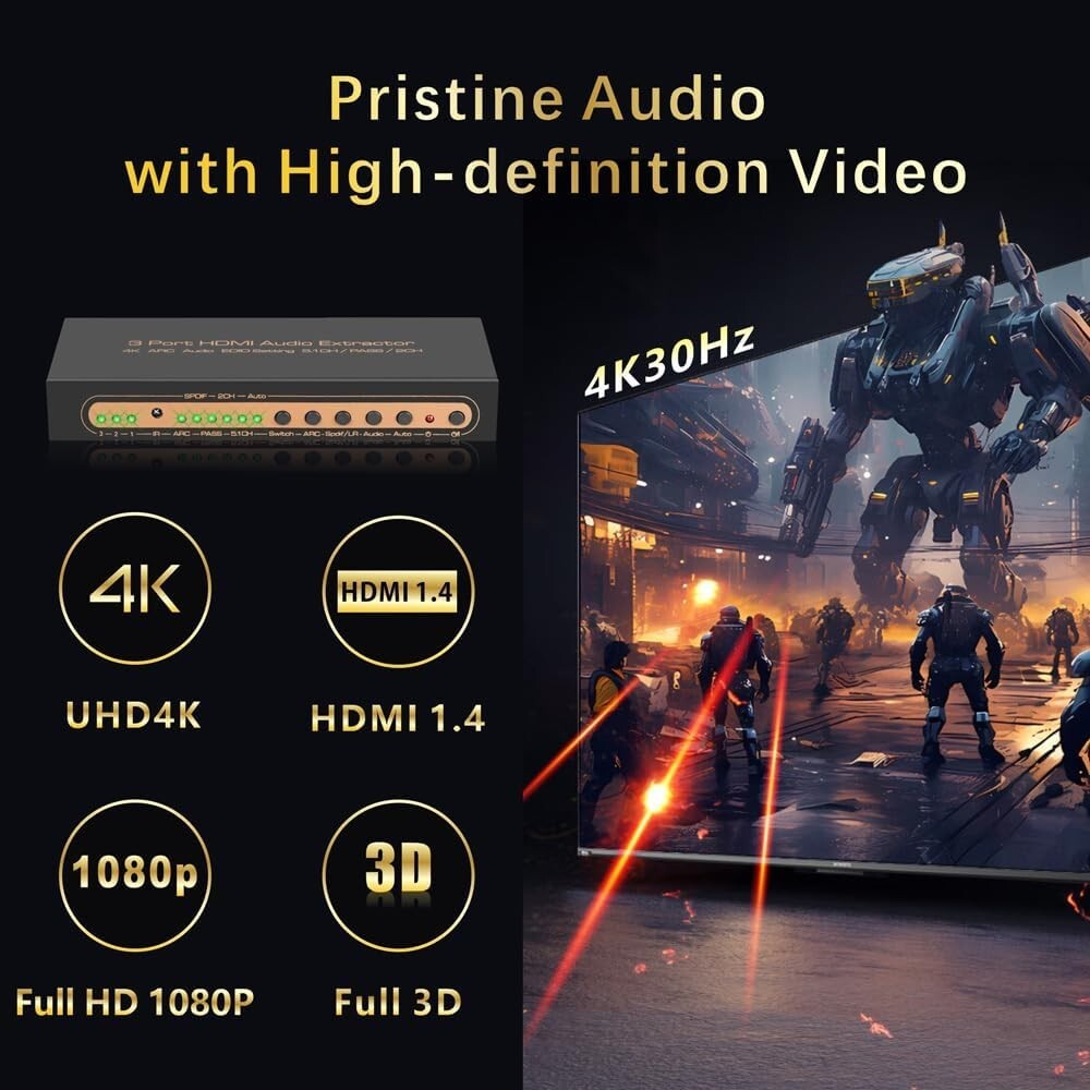 4K HDMI Switcher & Audio Extractor - 3 HDMI Inputs to 1 Output with Remote