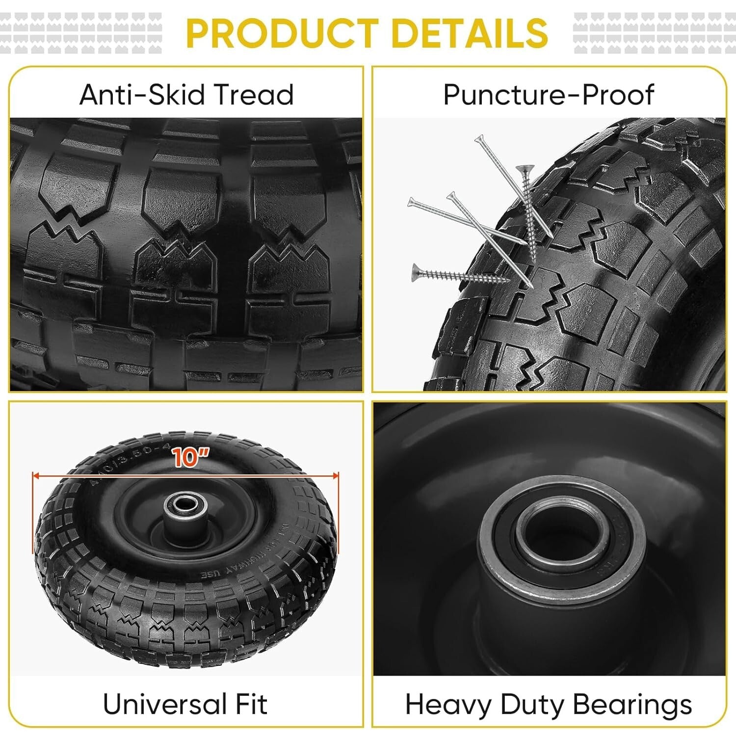 4-Pack 13" Flat Free Tires with Double Sealed Bearings for Carts & Wheelbarrows