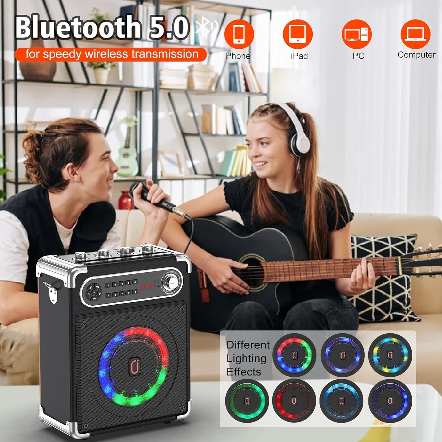 All-in-One PA System with Remote Control, Disco Lights, and Wireless Microphones