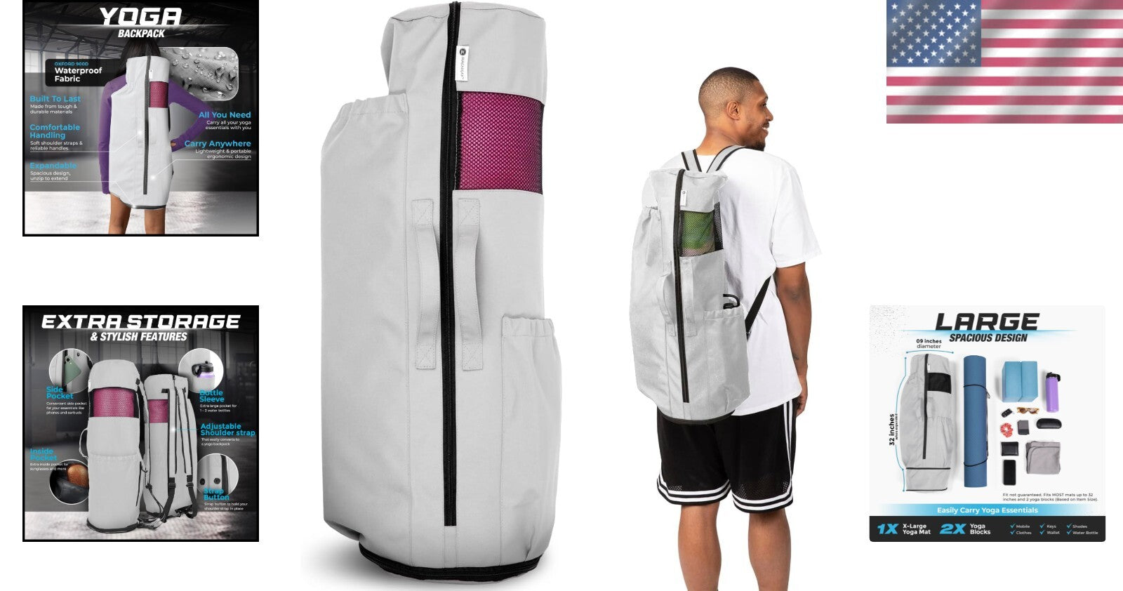 Water-Resistant Yoga Bag - Fits 32" Mats, Adjustable Backpack & Pockets Included