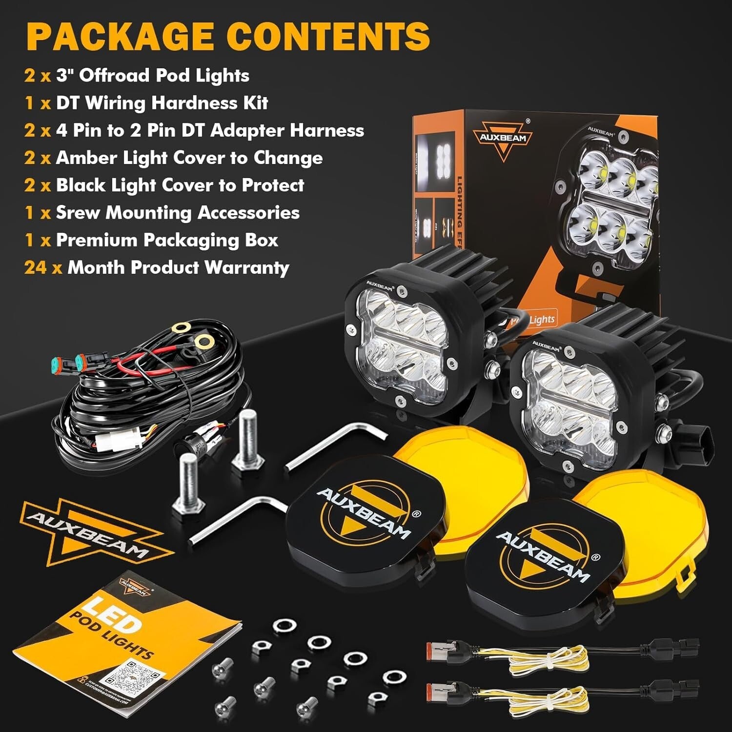 3 Inch 84W LED Pods with Amber Fog Light & Turn Signal - 9600LM Spot Flood Combo