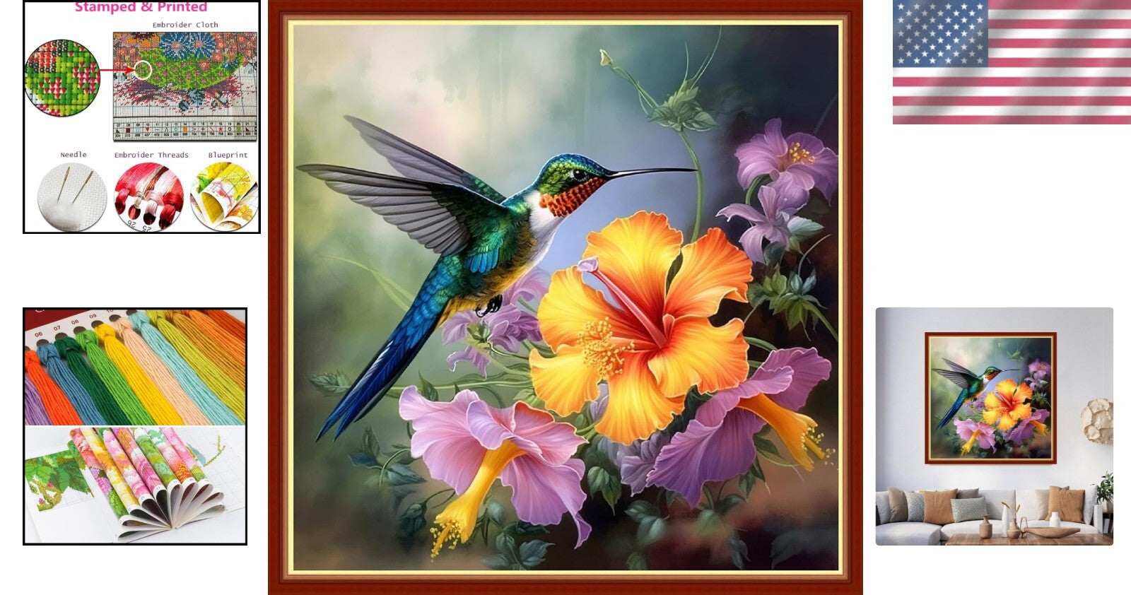 DIY Cross Stitch Embroidery Kit for Adults - Hummingbirds Theme, 17.7 x 17.7 in