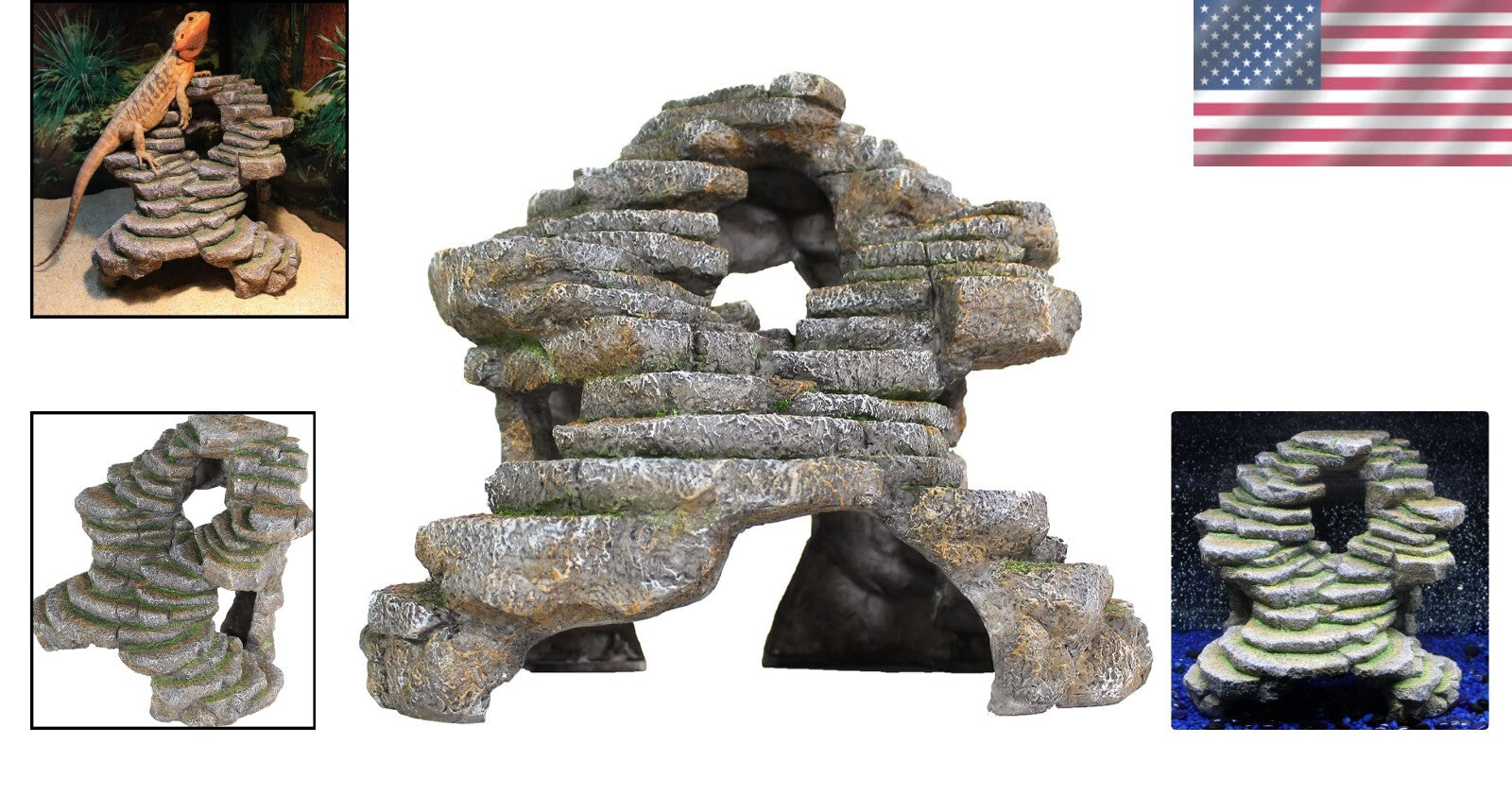 Reptology Extra-Large Shale Scape Cave Hideout for Reptiles & Fish, Blue Camo