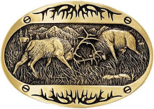 Load image into Gallery viewer, Intricate Fighting Elk Design Belt Buckle - Polished Brass for Every Outfit