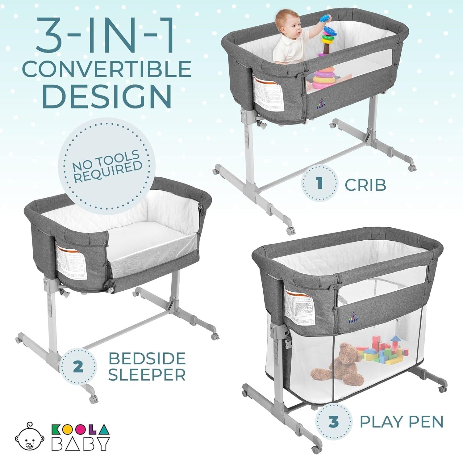 KoolaBaby Portable Bassinet: Versatile 3-in-1 Sleeper, Adjustable & Foldable
