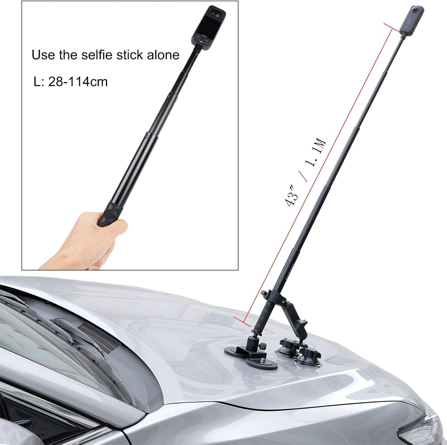 Heavy-Duty Insta360 Car Mount with 114cm Invisible Selfie Stick - 4-in-1 Design