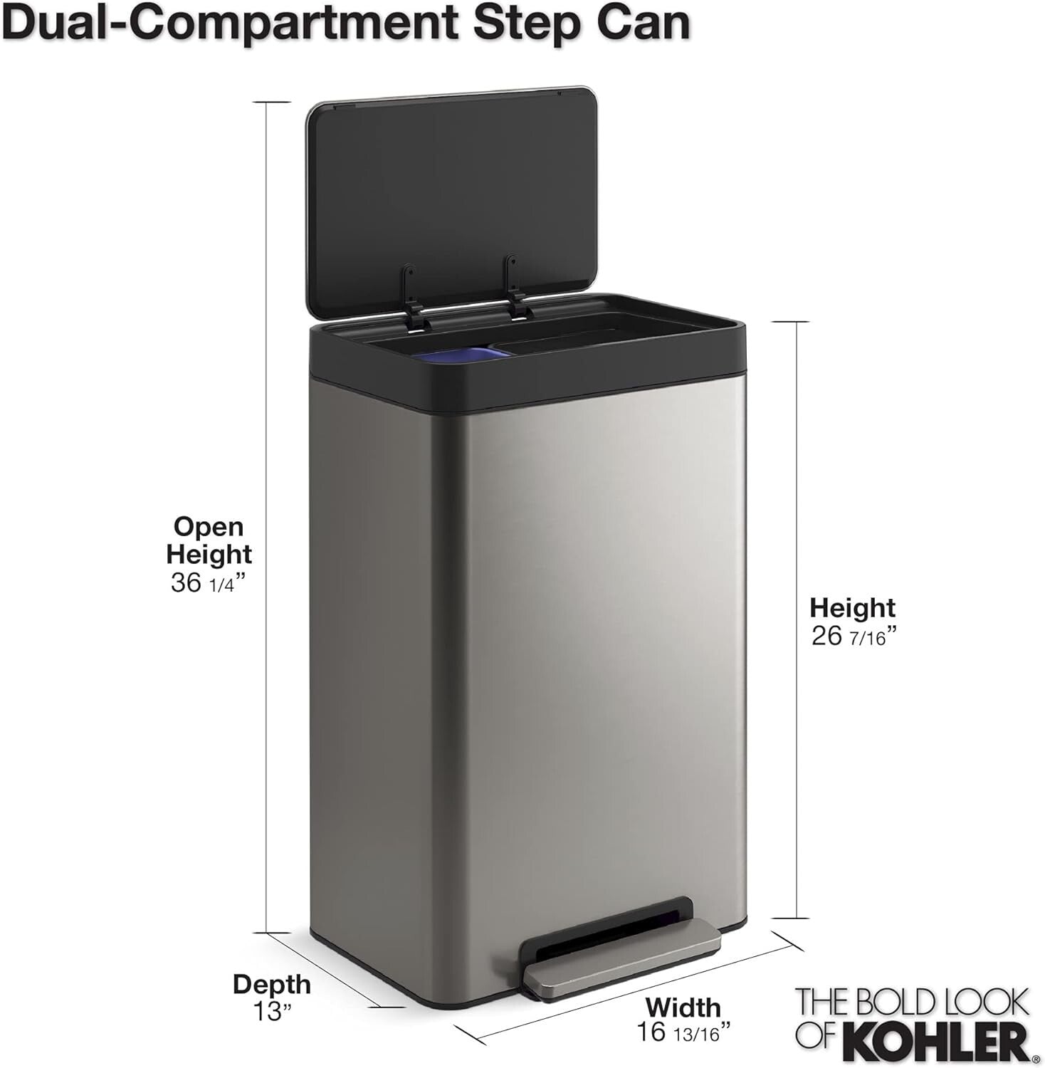 Fingerprint-Resistant 11 Gallon Trash Can - Step-On Foot Pedal and Liner Bins