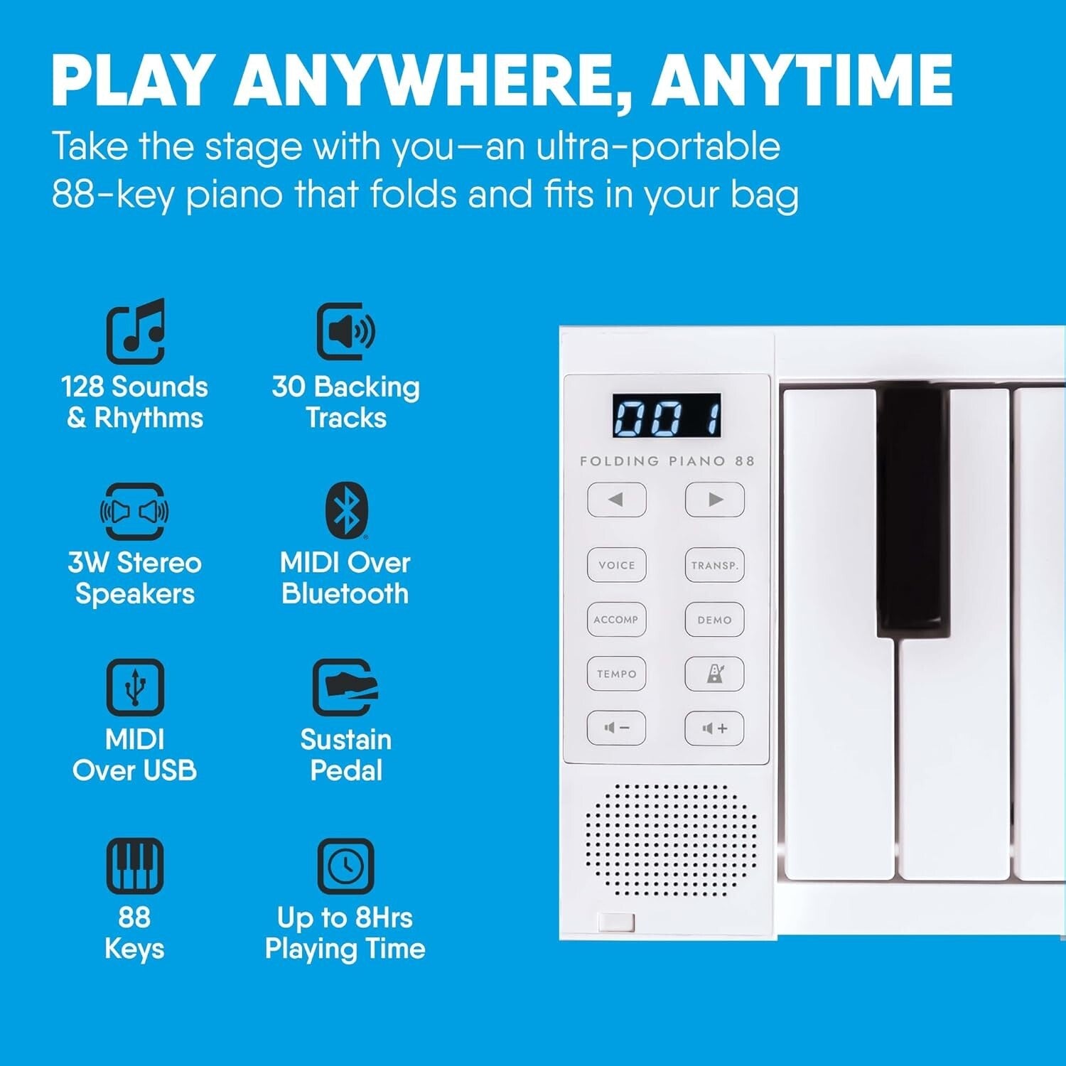 All-in-One 88 Key Folding Piano – Travel-Friendly with Powerful Battery & Sounds