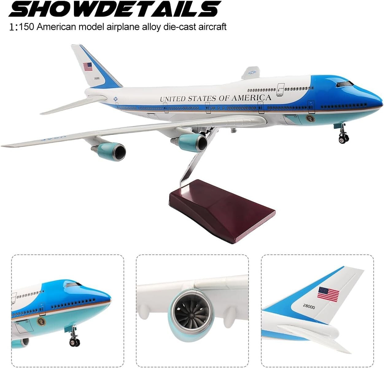 Elegant 18.5" Boeing 747 Diecast Airplane - Voice Control & Cabin Light Features