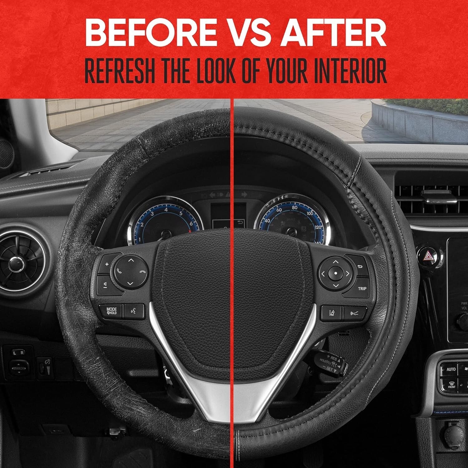 Durable 14-Inch Black Leather Steering Wheel Cover with Stylish Gray Stitching