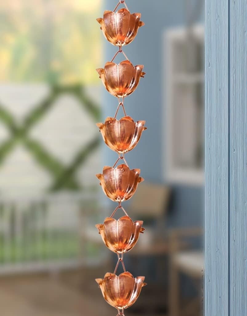 Durable 8.5 Ft Copper Rain Chain with Elegant Lotus Cups - Eco-Friendly Solution