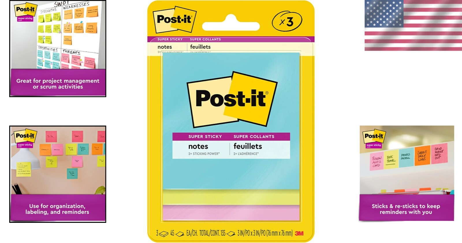 Super Sticky Notes - 3x3 in, 3 Pads, 2X Sticking Power, Neon Colors - Pack of 48