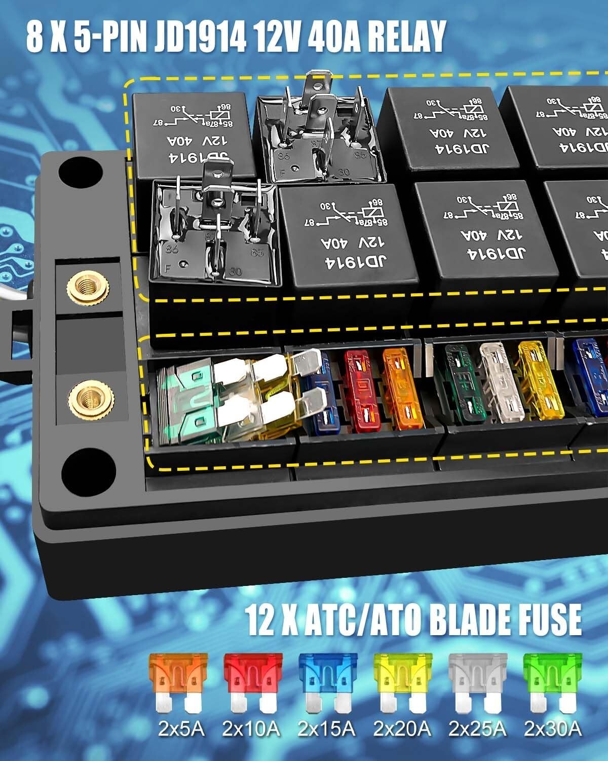 8 Relay Slots Waterproof Fuse Box - 12V Automotive Power Solution for Vehicles