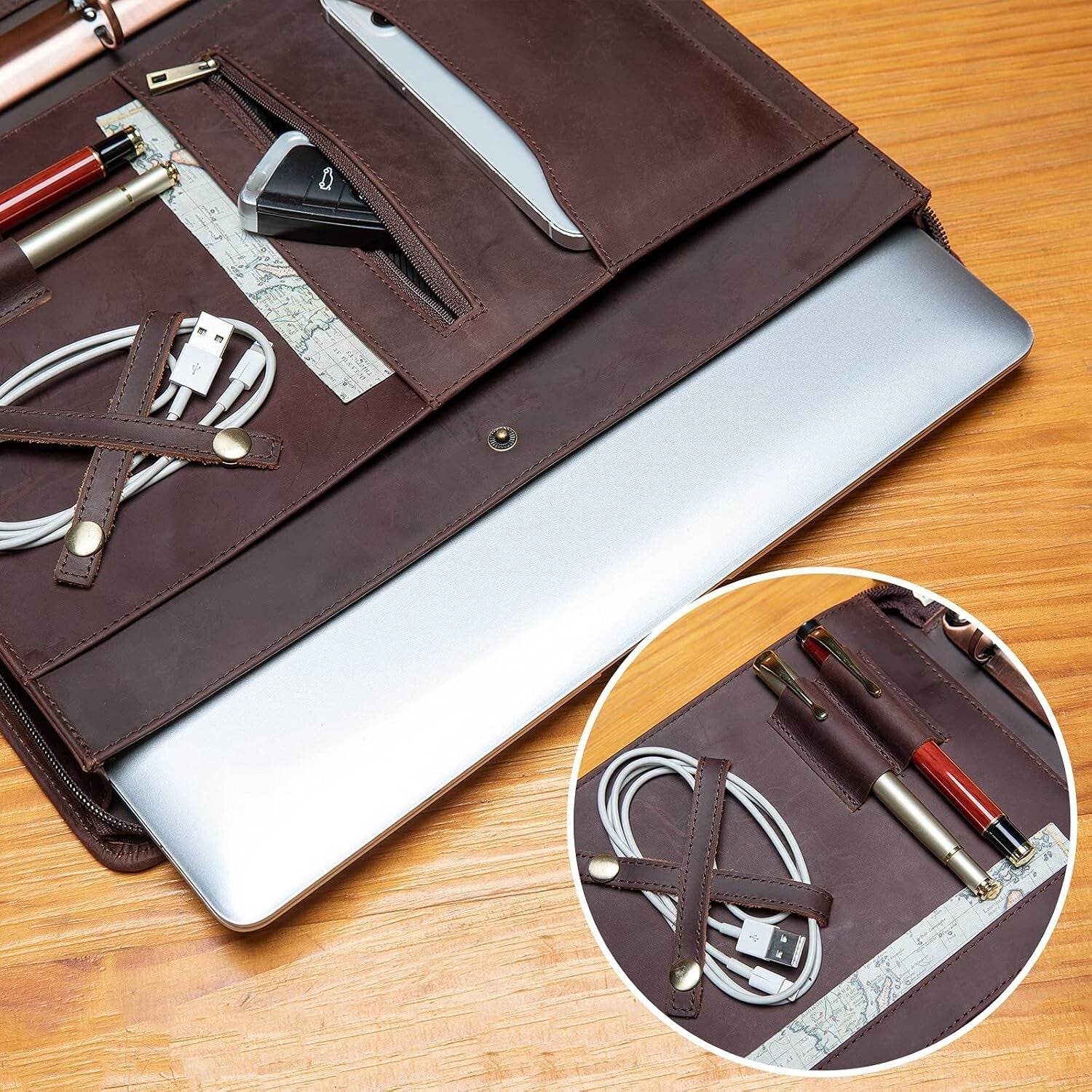 Elegant 3-Ring Leather Padfolio with Tablet Holder - Perfect for Business Trips