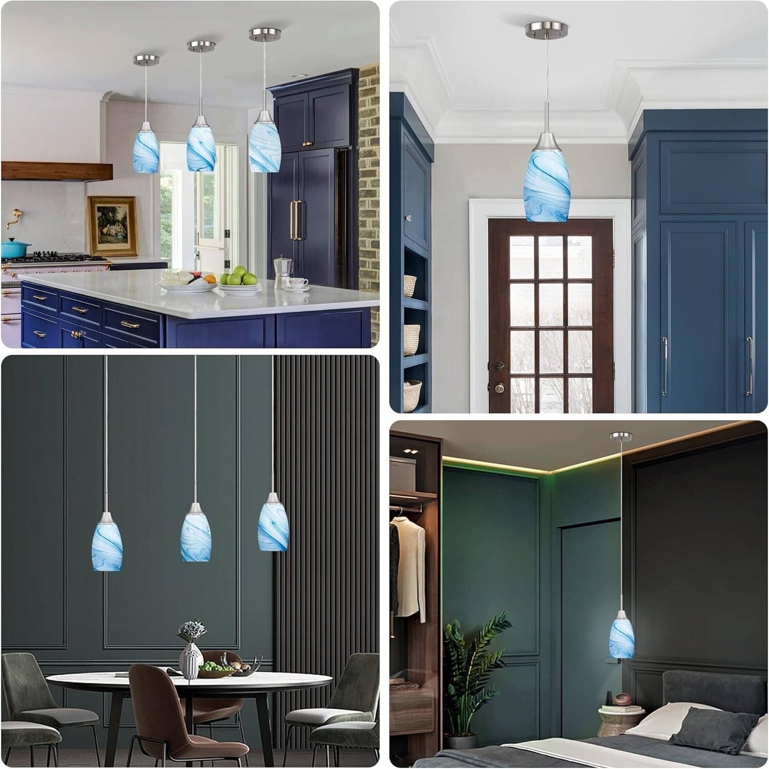 Elegant Handcrafted Blue Glass Hanging Light - 60W Adjustable Ceiling Fixture