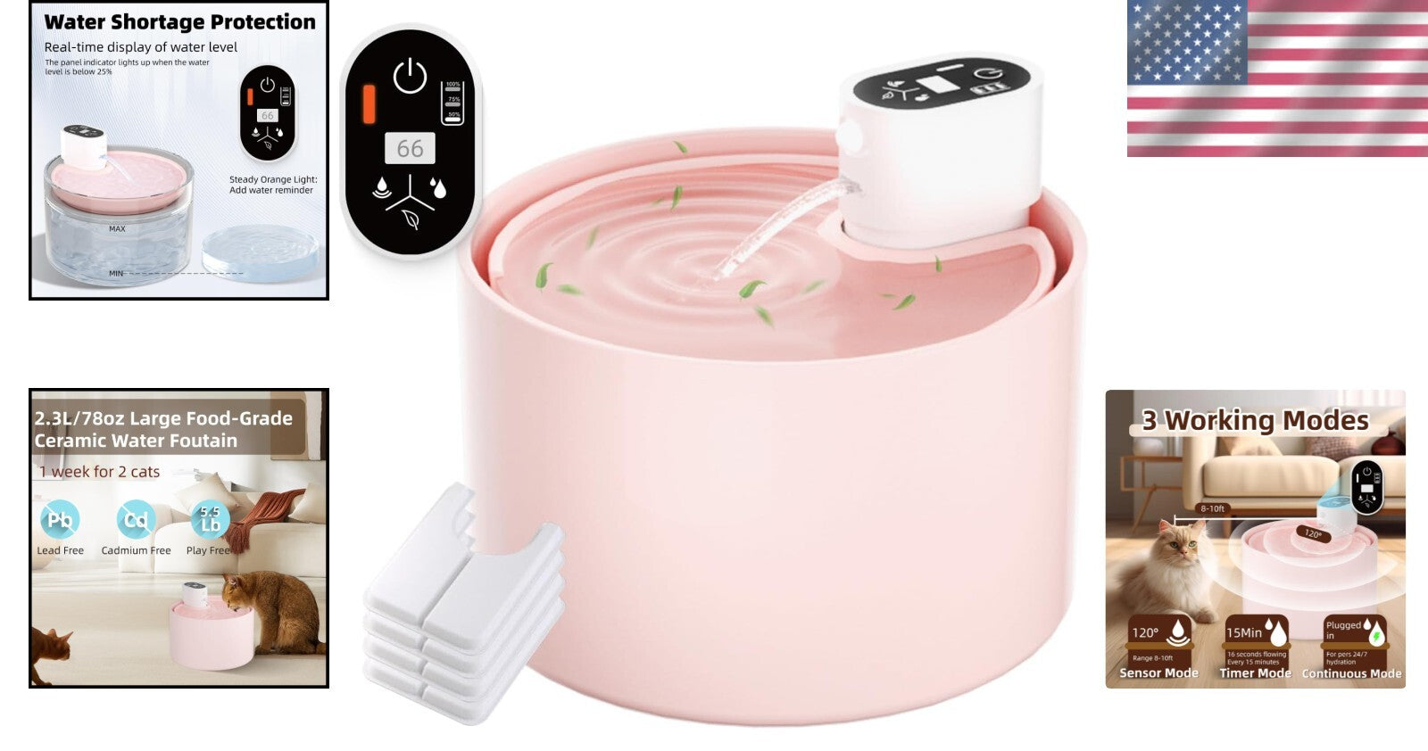 Intelligent 2.3L Cat Drinking Fountain - Elegant Pink Ceramic & Low Maintenance