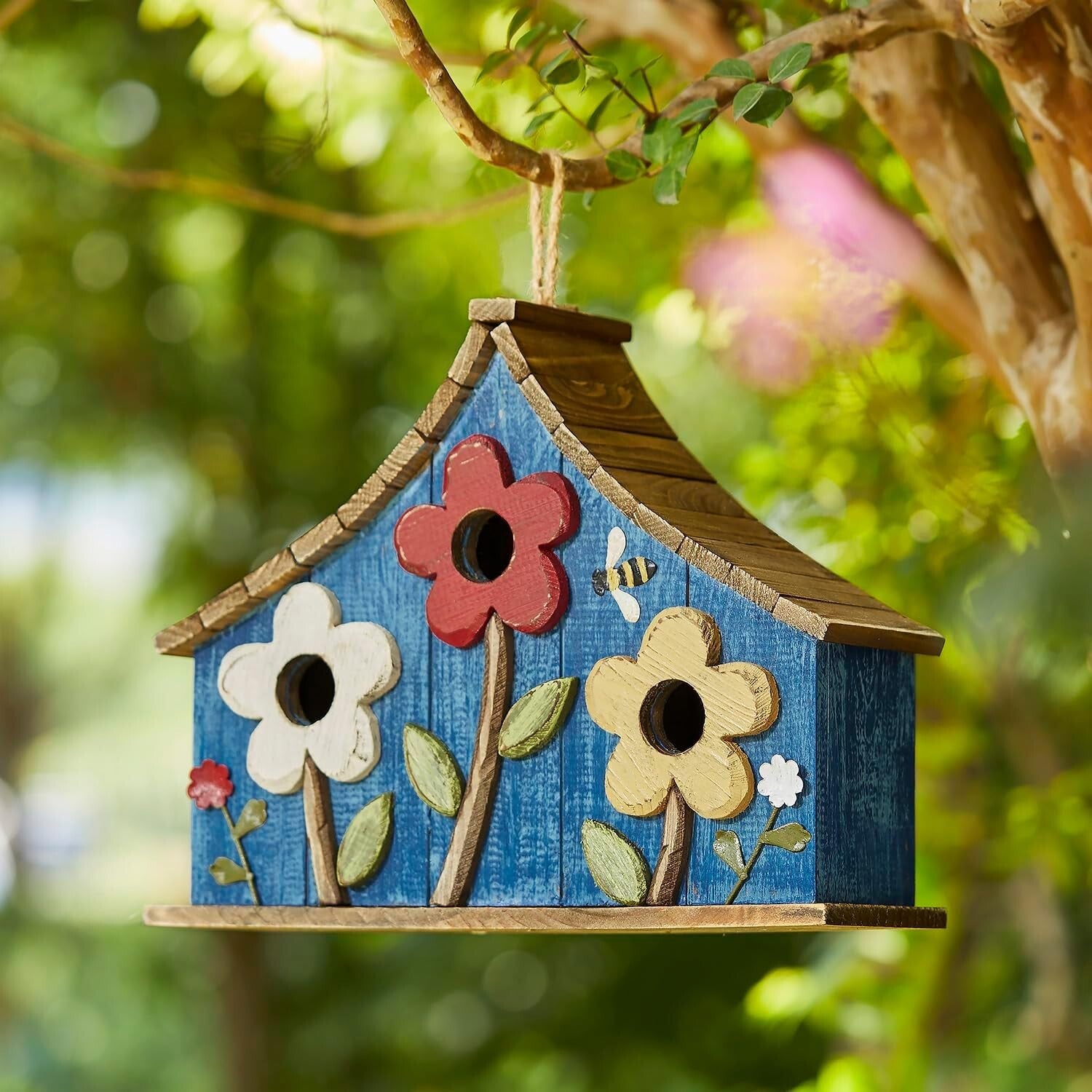 15" Oversized Hand-Painted Distressed Birdhouse with 3D Flowers - Rustic Villa