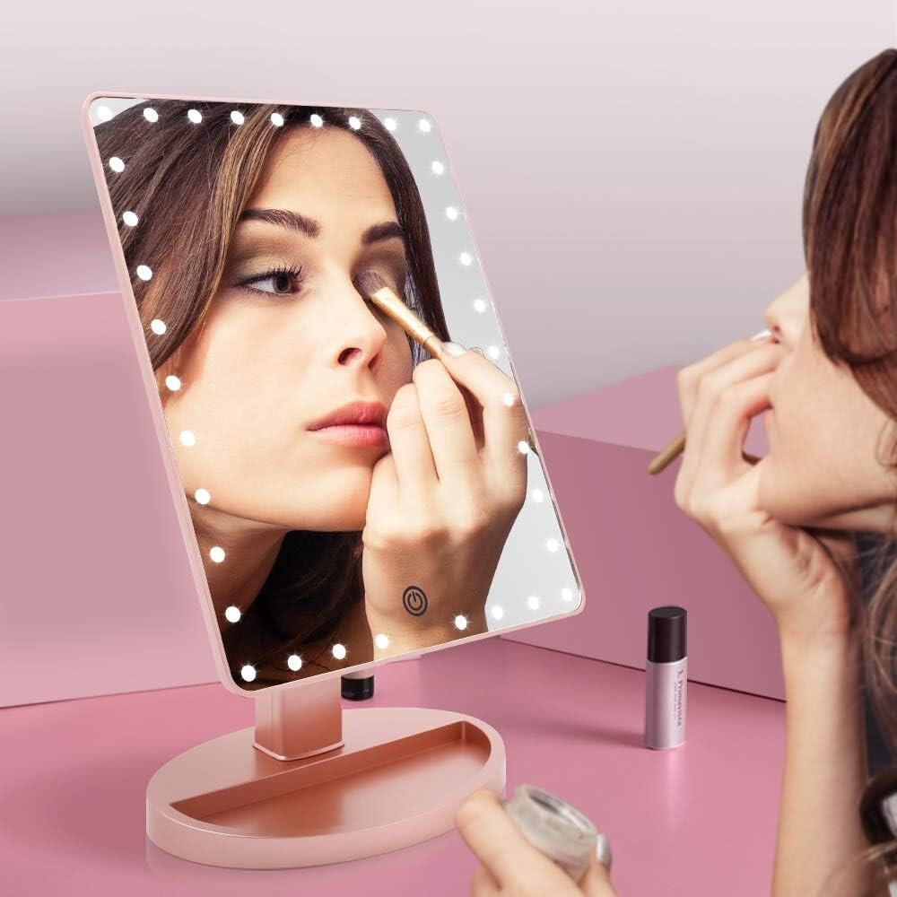 Large Lighted Makeup Mirror with 10X Magnification & 360° Rotation in Rose Gold