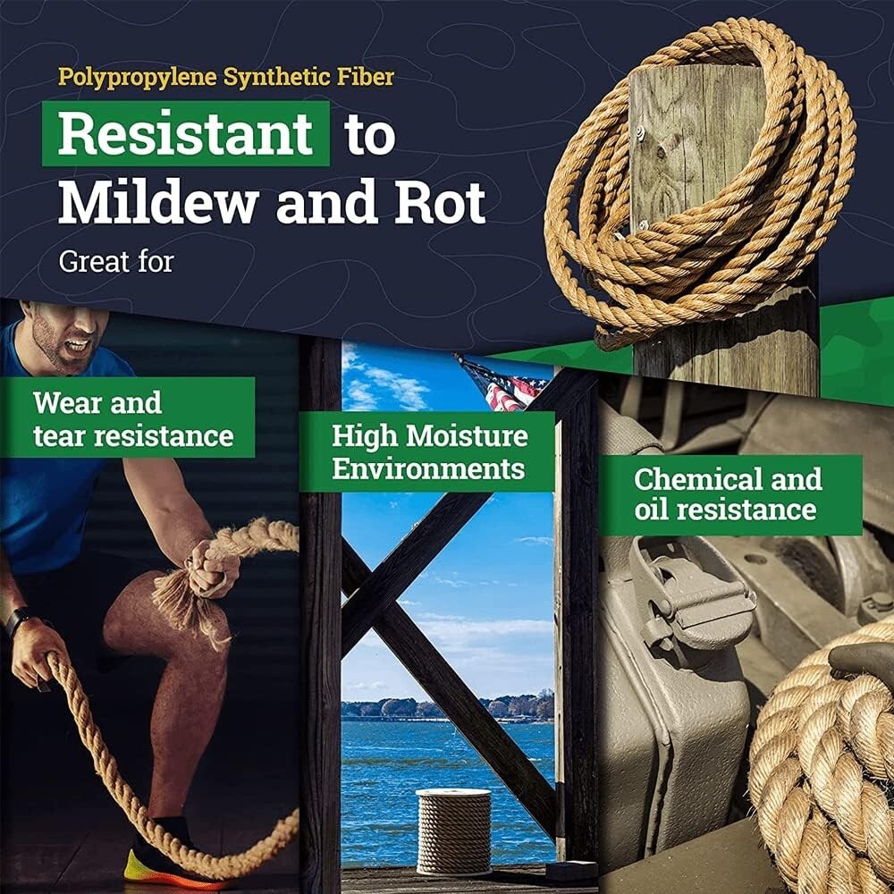 Premium Twisted Polypropylene 'UnManila' Rope - 1.5" x 50ft - Durable Tan Uti...