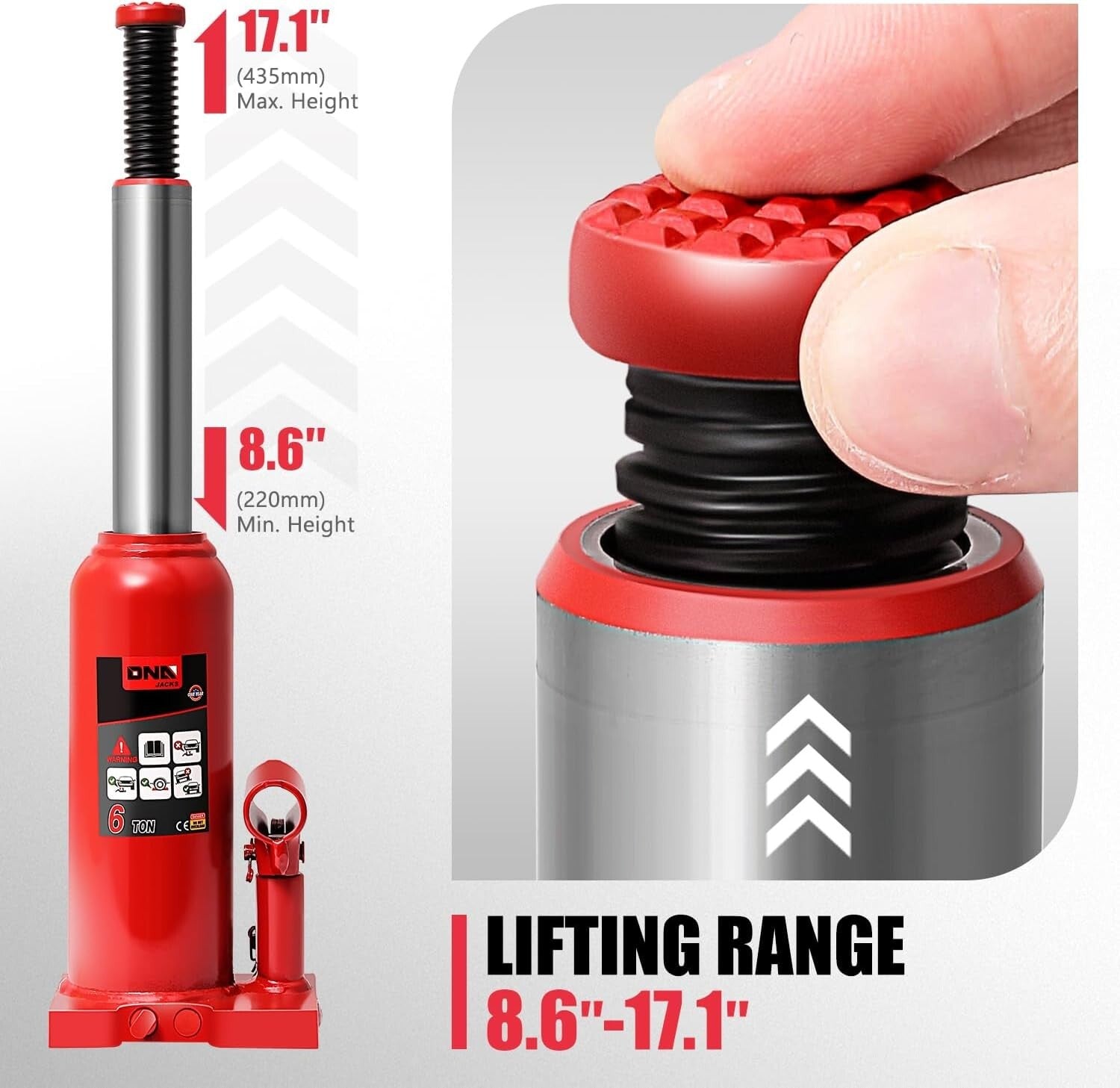 Premium 6 Ton Lifting Bottle Jack – Height Adjustable 8.6 to 17 In, Safe Design