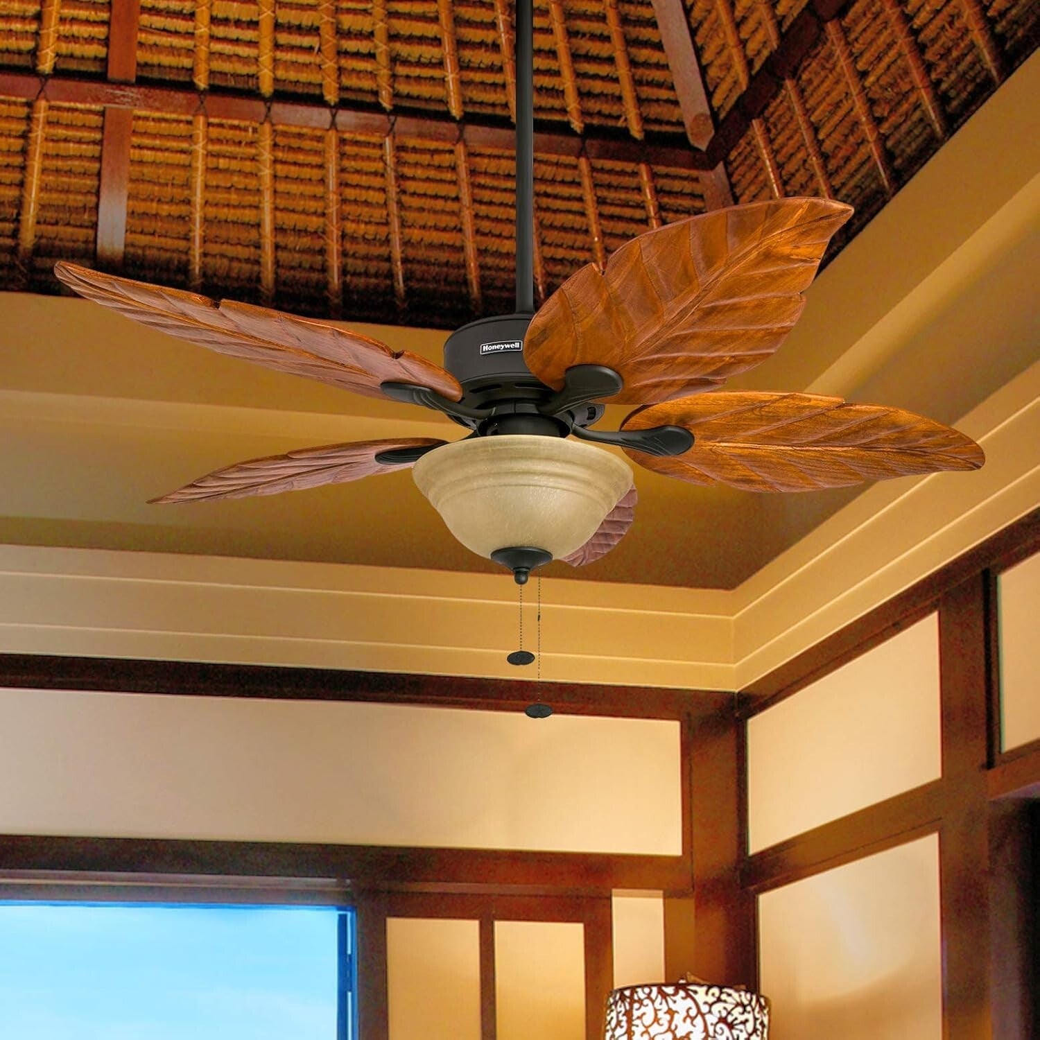 Royal Palm 52" Tropical LED Ceiling Fan with Pull Chain & Hand-Carved Blades