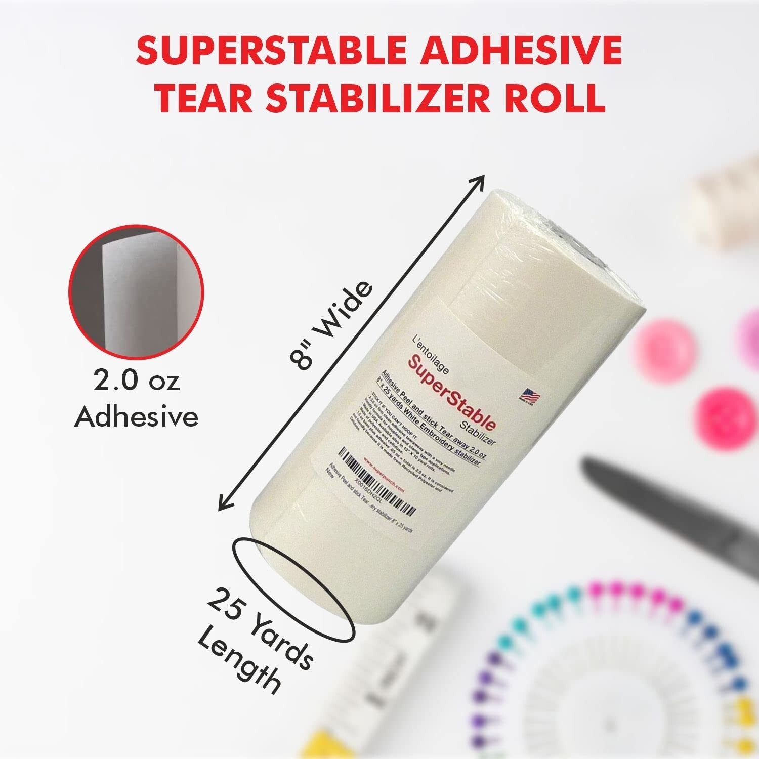 Self-Adhesive Tear Away Stabilizer Roll - 8-Inch x 25-Yard, No Residue Finish