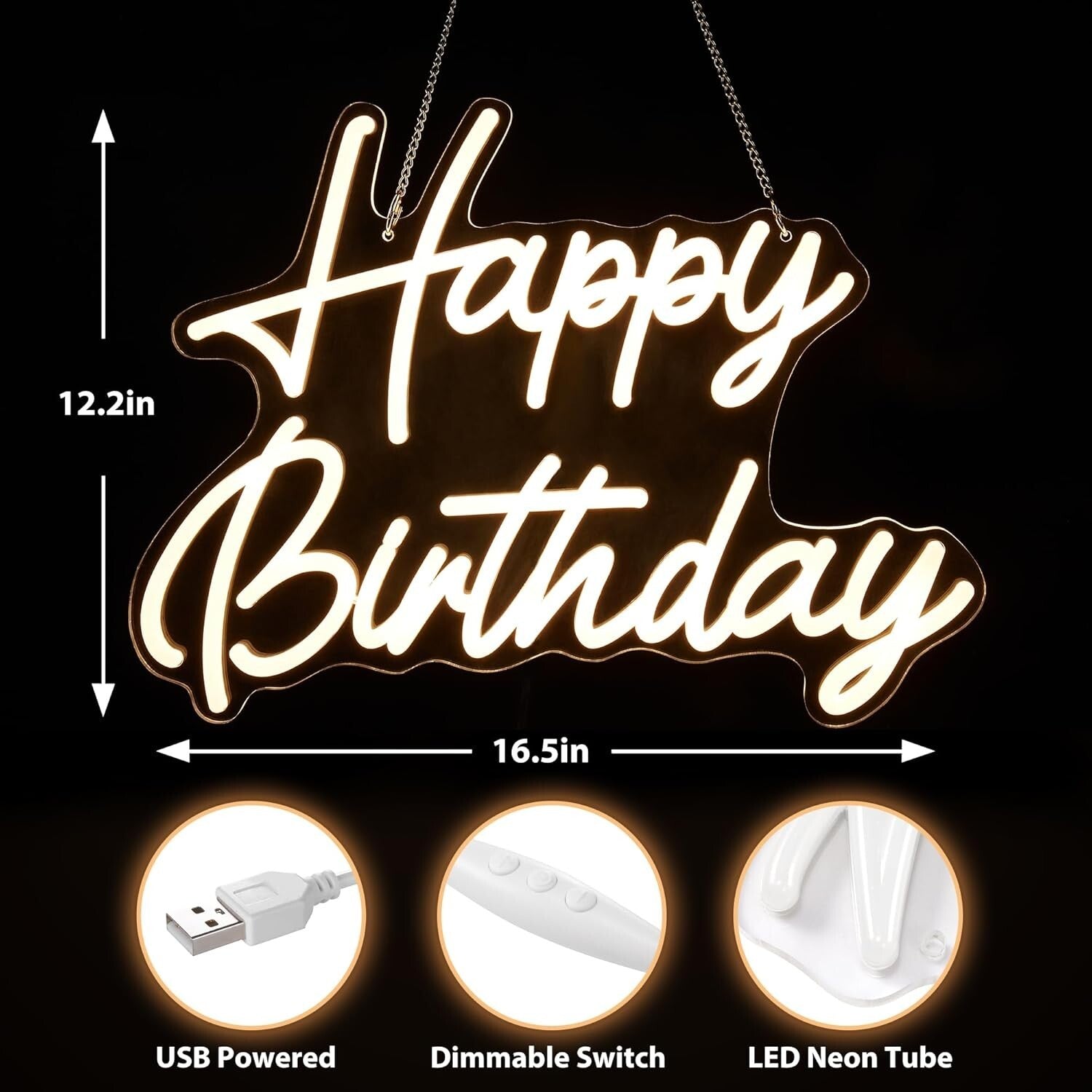 Sturdy and Lightweight Neon Happy Birthday Sign 16.5"x12.2" - Joyful Decor