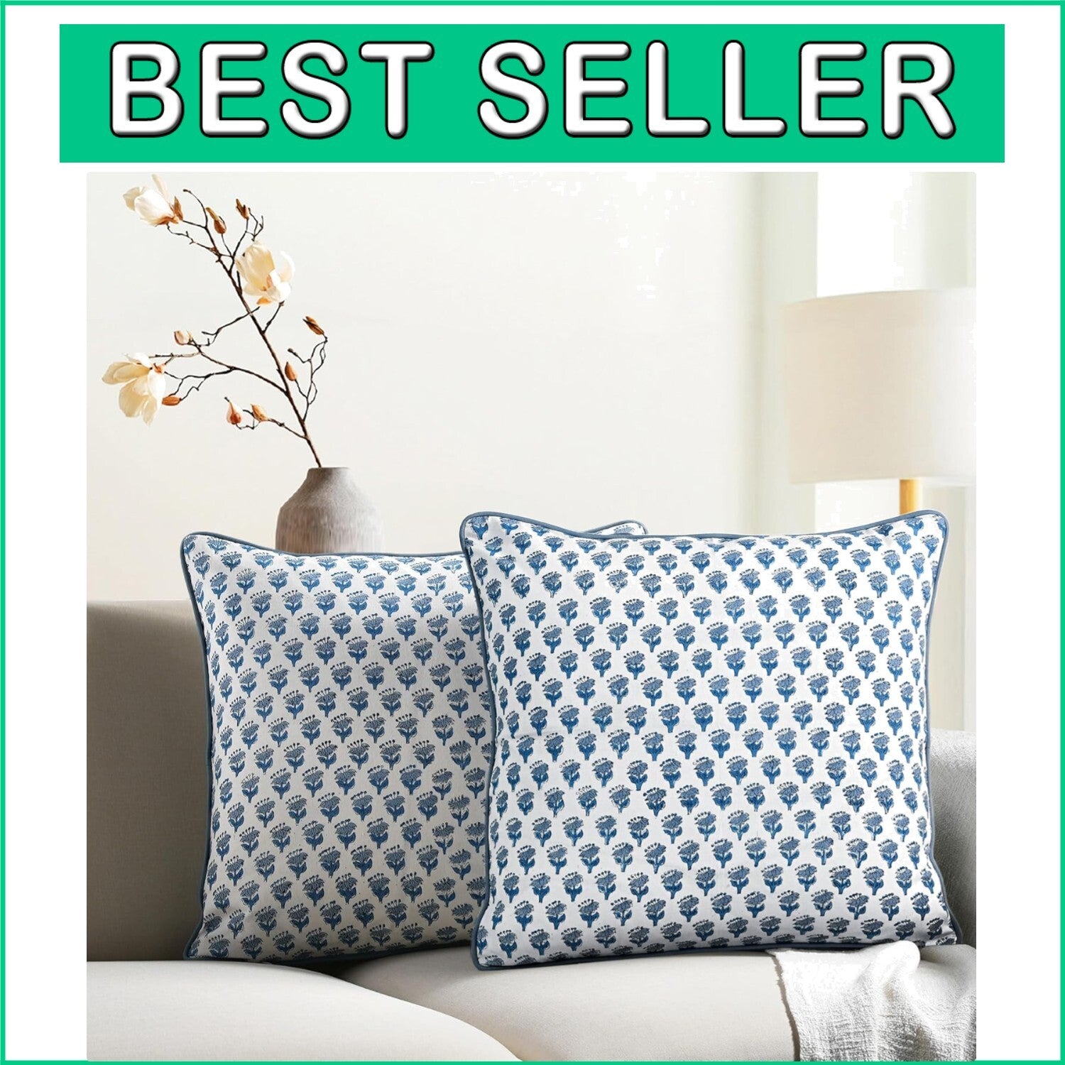 Handcrafted Apatite Blue Floral Throw Pillow Covers - Elegant Bohemian Style